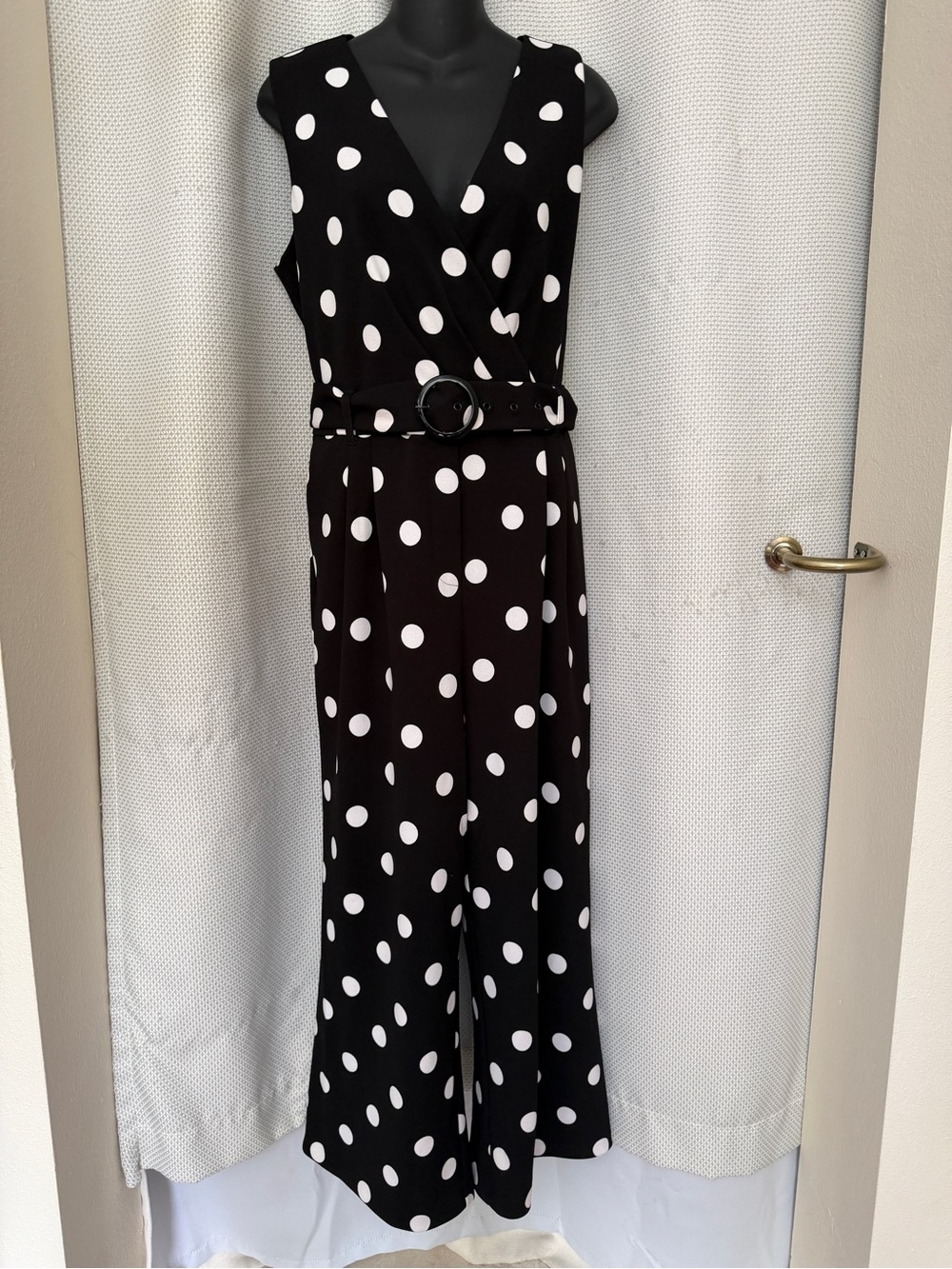 Karl Lagerfeld Black and White Polka Dot Sleeveless Belted Jumpsuit